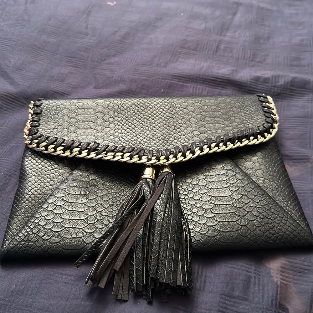 black faux crocodile envelope clutch